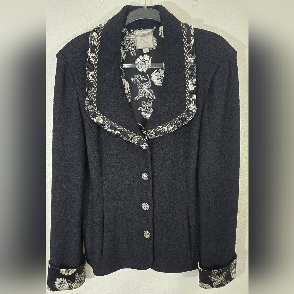St. John Couture Stunning Black Blazer Crystal Silver Buttons Black/White, 12